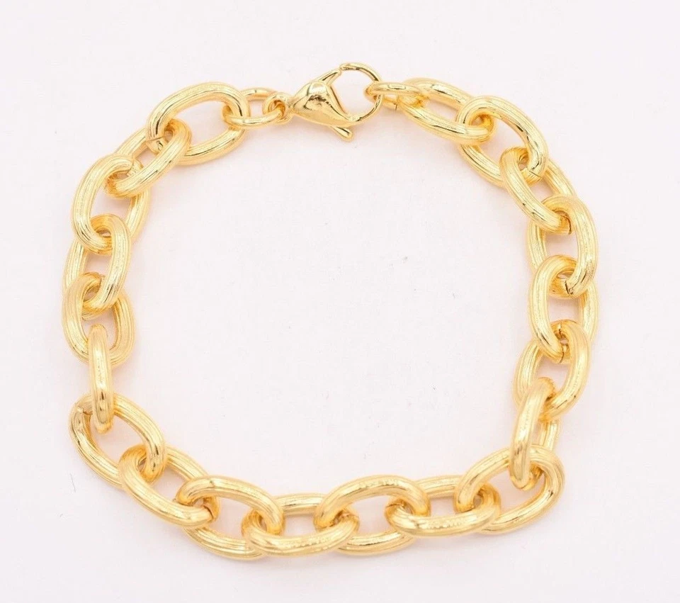 Brazalete Rolo Ovalado Corte Diamante Texturizado Chapado en Oro Amarillo 14K Acero Inoxidable Foto 1 de 4