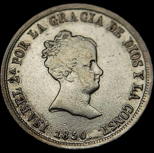 1850/45 S RD 2 Reales Spain .812 Silver Die Variety Overdate High Grade SCARCE! - Picture 1 of 18
