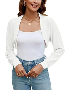 Damen Weiß Langarm Vorne Offen Bolero Achselzucken Crop Top Elegant Strick - Bild 1 von 5