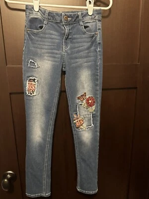 Faded Glory Blue Jeans Girl's Size 12 Distressed Style Embroidered Flowers - Image 1 of 4