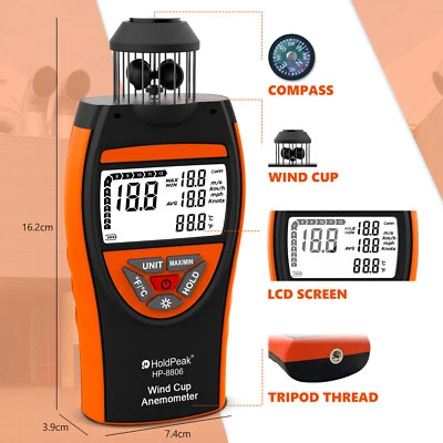 Digital Wind Speed Meter Handheld Cup Anemometer Air Velocity Gauge Thermometer - Image 1 of 4