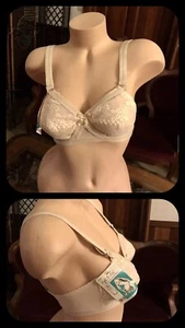 Reggiseno Vintage Imbottito Pizzo Beige Nylon Nudo Spandex Cinghie Regolabili Anni 70 NUOVO 34B - Foto 1 di 11