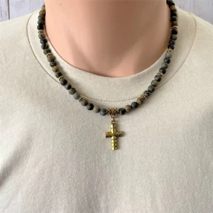 Matte Artistic Stone 6mm and Gold Cross Mens Beaded Necklace - Picture 1 of 3