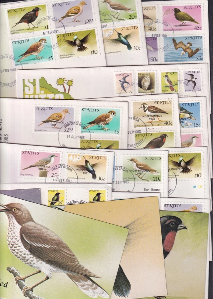 St Kitts Birds choice FDC Kestrel Owl Pelican Hummingbird Bullfinch Martin Heron - Image 1 of 1