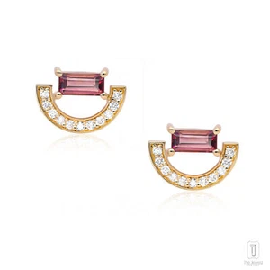 14K Gold Diamond And Pink Tourmaline Gemstone Arc Stud Earrings-Women’s Day Gift - Picture 1 of 8