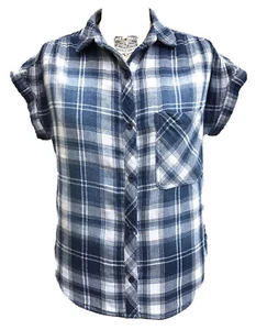 Cloth & Stone Damen XS blau kariert dick Doppeltuch Baumwolle Band Ärmel Top - Bild 1 von 12