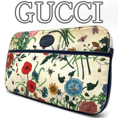GUCCI GG Floral Clutch Bag Cotton Leather Canvas White Vintage Rare Used - Image 1 of 4