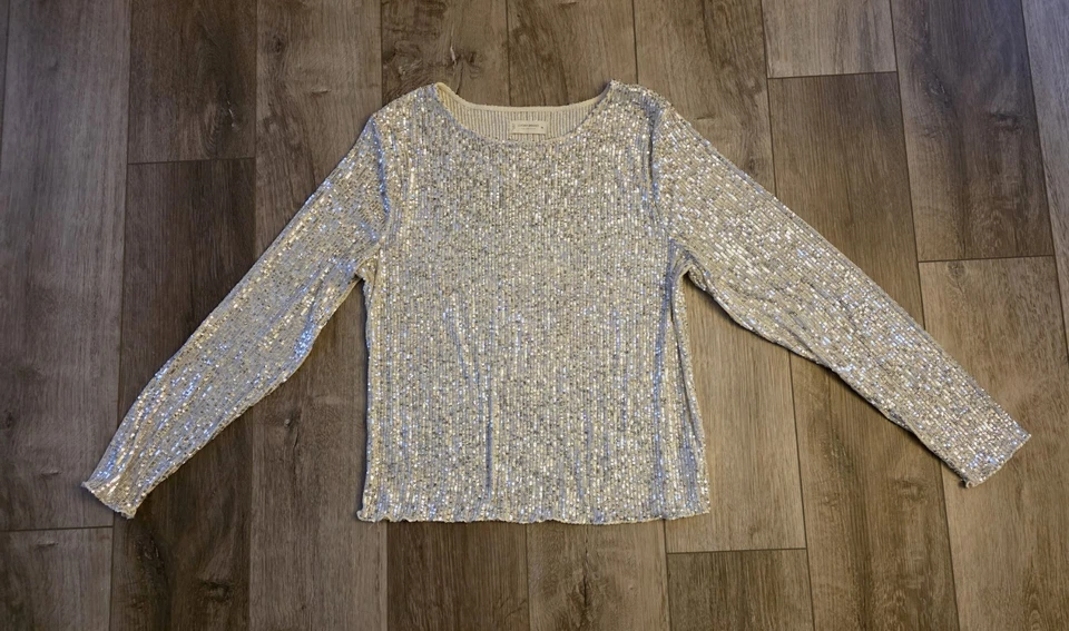 Pullover para mujer Lucky Brand XL súper lentejuelas brillante marfil plateado dorado LS Top Foto 1 de 4