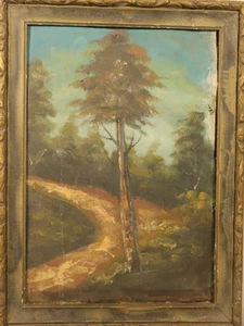 Vintage Landscape Oil Painting on Wood Panel Rustic Forest Path Scene, Framed - Picture 1 of 24