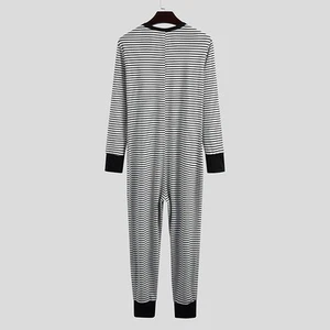 Nightwear Long Sleeve Pajamas Men's Casual Striped One Piece Jumpsuit - Picture 1 of 14