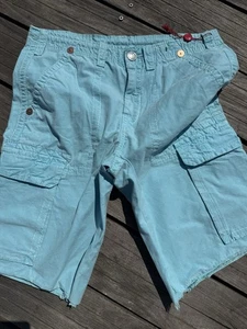 NWT True Religion Cargo Short Men 34 Teal Super T Flap Anthony Cut Off Cotton - Picture 1 of 8