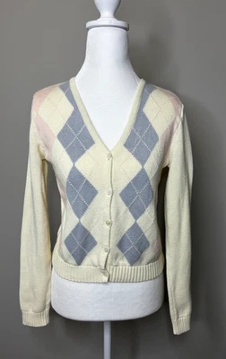 John Galt Brandy Melville Argyle Cardigan Sweater Preppy Light Blue Pink Sz XS/S - Image 1 of 4