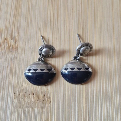 Midnight Geometry Hematite Drop Earrings Tribal Silvertone Pierced Ears Jewelry - Image 1 of 4