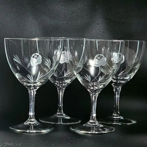 Etched Rose Leaf Vine Water Glasses 6" set/4 vtg crystal floral cut glass  - Picture 1 of 7