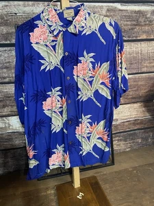 Aloha Hut Shirt Mens XL Blue Hawaiian Floral Rayon Button Up Stained See Photos - Picture 1 of 5