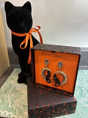 Betsey Johnson  Black Cat Sitting On Rhinestone Crescent Moon  Earrings New - Image 1 of 4