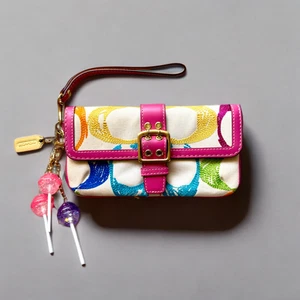 Coach Geldbörse mehrfarbig rosa Scribble Kalbsleder Tasche - Bild 1 von 10