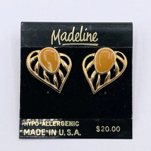 MADELINE Vintage 80s Pierced Earrings Yellow Enamel Leaf Petal Goldtone Filigree - Picture 1 of 2