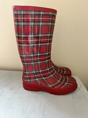 Nine West Women's Red Plaid Rubber Rain Knee High Boots Size 7M - Image 1 of 4