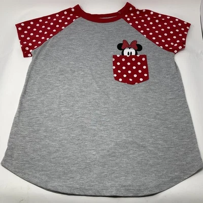 Disney Minnie Mouse T-Shirt Girls Sz LG Gray Red Polka Dot Pocket Tee Raglan Top - Image 1 of 4