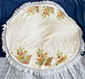 Vintage Oval Terry Cloth Tablecloth With Fringe 50" x 48" Yellow Floral Pattern - Picture 1 of 6