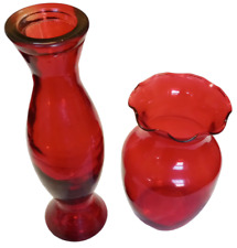 2 Vintage Vases Hand Blown Glass Ruby Red Ruffle Top Footed Bud