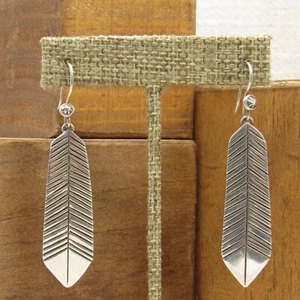Sterling Silver Wire Dangle Feather Earrings + - Picture 1 of 4