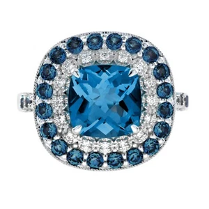 London Blue Topaz and Diamond Halo Engagement Ring in 14K White Gold - Picture 1 of 11
