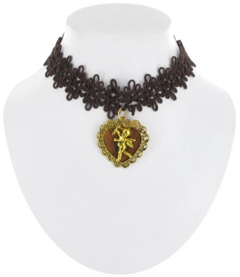 Steampunk Unique Brown Lace Cupid Heart Pendant Choker Necklace Womens 12-15" - Image 1 of 4
