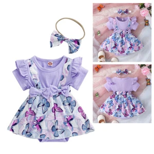 Newborn Baby Girls Floral Butterfly Romper Dress Headband Party Outfits Clothes - Picture 1 of 14