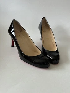 Auth CHRISTIAN LOUBOUTIN Black Leather Round Toe Heels Size 37 - Picture 1 of 9