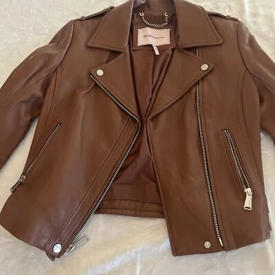 Chaqueta de moto de cuero marrón BCBG para mujer talla S generación precio de venta sugerido por el fabricante $348 ¡usada una vez! Foto 1 de 4