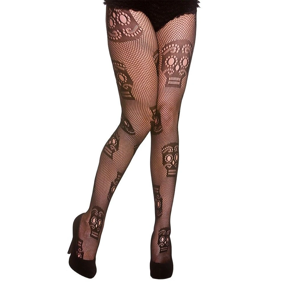 Ladies FISHNET SKULL TIGHTS Halloween Sugar Skull Roses Bones Adult Day of Dead - Image 1 of 1