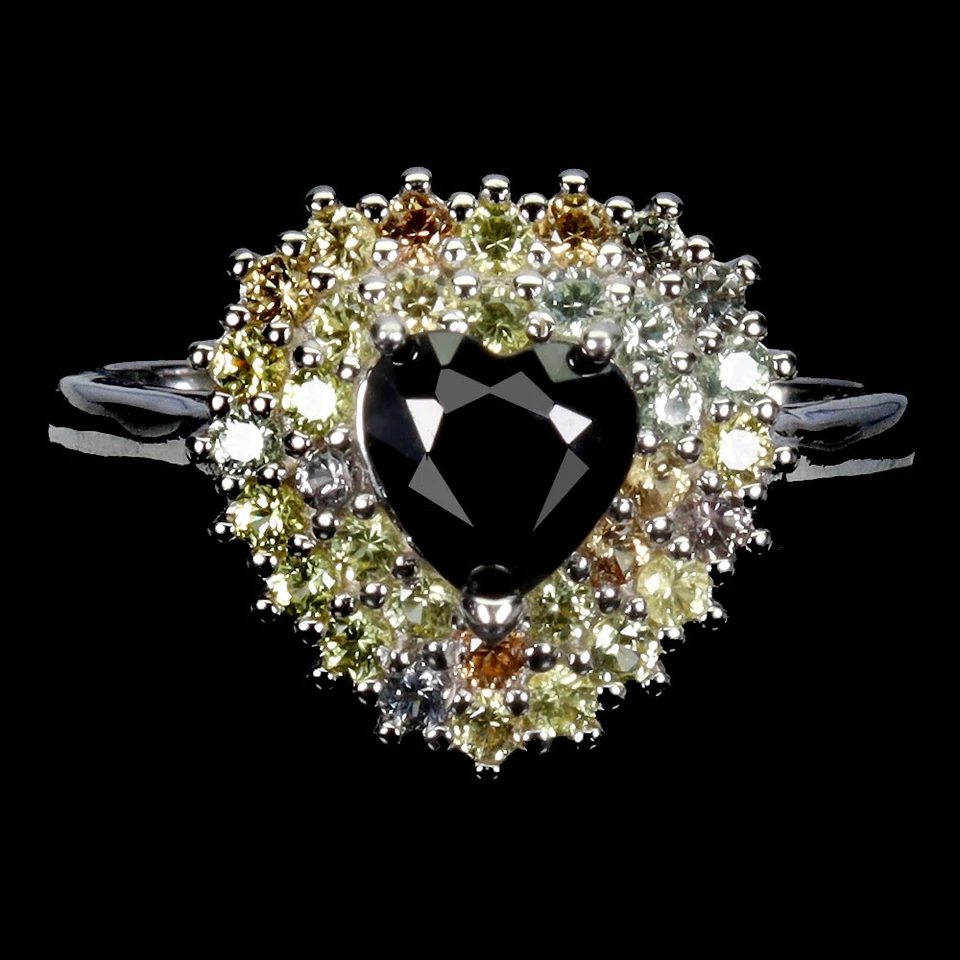 925 Anello Argento Sterling Cuore Nero Zaffiro 6mm Gemma Gioielli Misura 8 - Immagine 1 di 4