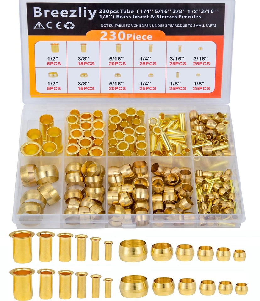 Compression Fittings Kit - 6 Sizes Brass Sleeves for Air, Water, Fuel, Oil, Gas - Image 1 of 4
