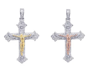 Jesus on Cross Crucifix 3 1/10 CT Real Diamond Two-Toned Gold Pendant 2.8" - Picture 1 of 7