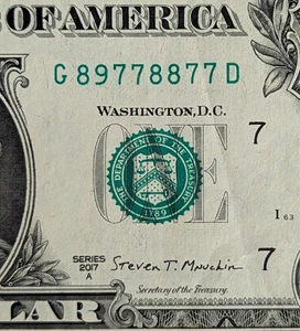 2017 A $1 fancy serial, lucky trinary with three pairs. G 89778877 D - Picture 1 of 3