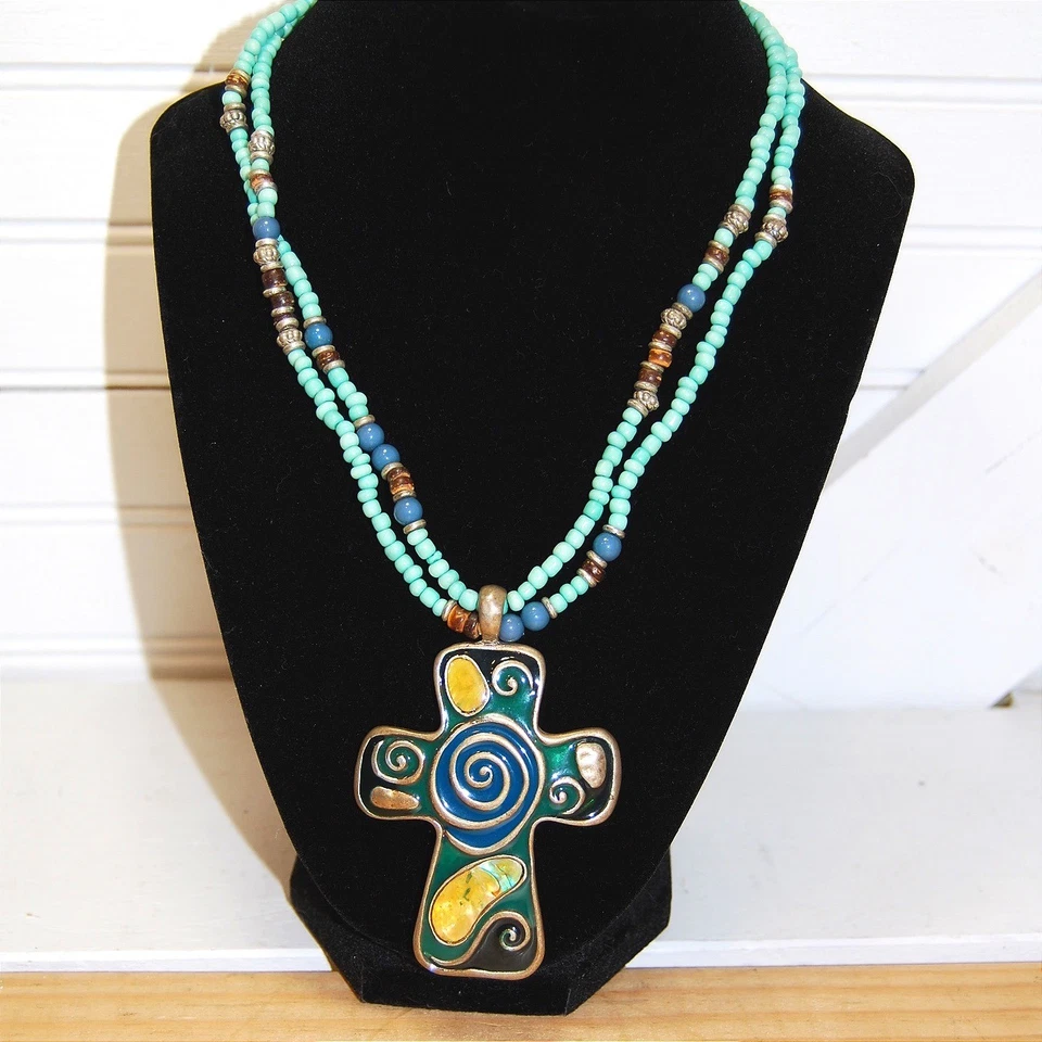 Y2K Collar Cruz Colgante Cuentas Esmalte Ajustable Azul Tono Plata Foto 1 de 4
