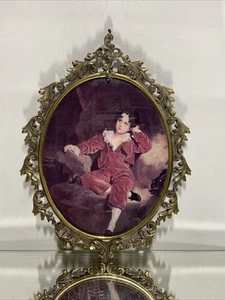 VTG. Convex Bubble Glass Picture Framed Gold Metal Ornate Boy - Picture 1 of 17