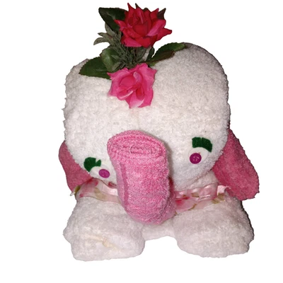 Towel Origami Elephant White Pink Baby Shower Decoration Wash Cloth 11"H READ - Image 1 of 4