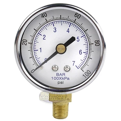 1/8" NPT Air Compressor Lower Mount Pressure Gauge 0-100 PSI Side WOG 2" Face - Image 1 of 4