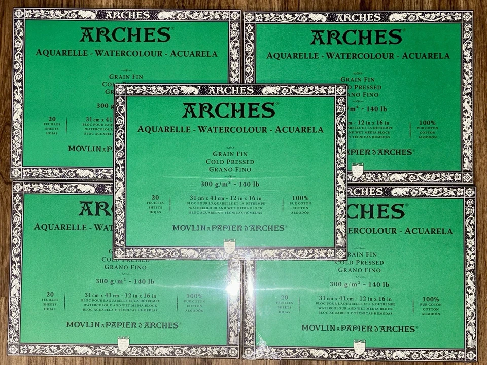 Arches 5pk Watercolor 12x16 Cold Pressed Blocks 100 Sheets New Paint Ink Sketch - Image 1 of 1