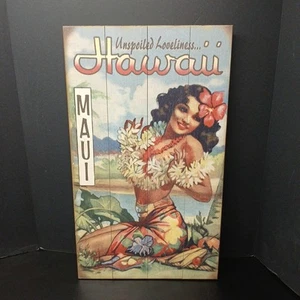 Maui Hawaii unberührte Schönheit groß 14x24" Holz Wohndeko Kunst, Hula Lei Mädchen - Bild 1 von 4