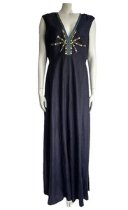 LE SIRENUSE Positano Dress Blue XL Sleeveless Linen v-Neck Maxi Embroidered Neck - Picture 1 of 10