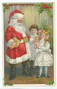Christmas Greetings Santa Giving Gifts Girl Boy Postcard - Picture 1 of 2
