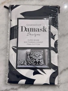New Charter Club Damask Designs 100% Cotton Pillow Sham EURO Navy Blue White 26" - Picture 1 of 2