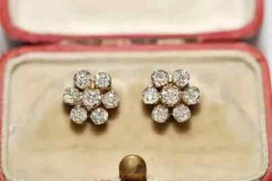 Real Moissanite 3Ct Round Cut Women Flower Stud Earrings 14K Yellow Gold Plated - Picture 1 of 6