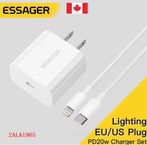 ESSAGER Fast Charger Adapter 20W with USB-C to iOS Cable for iPhone, Tablets - Photo 1 sur 11