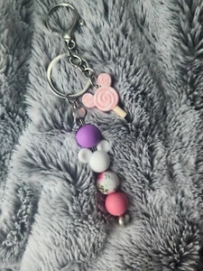 Silicone Bead Keychain Purple/Pink -  Handmade - Lollipop Charm /With Mouse Ear - Picture 1 of 4