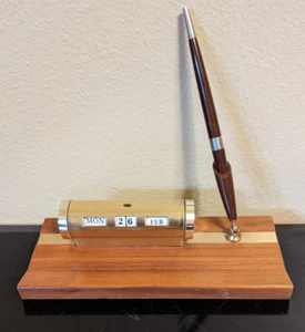 Vintage Perpetual Desk Calendar & Pen with Holder, Metal on Wood, Park Sherman - Picture 1 of 4